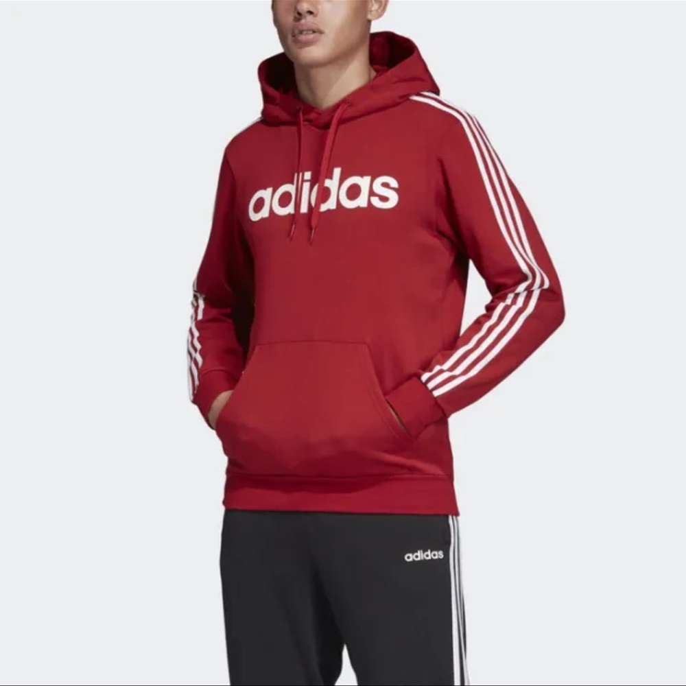 L RED ADIDAS 3 Stripe ESSENTIAL PULLOVER Hoodie